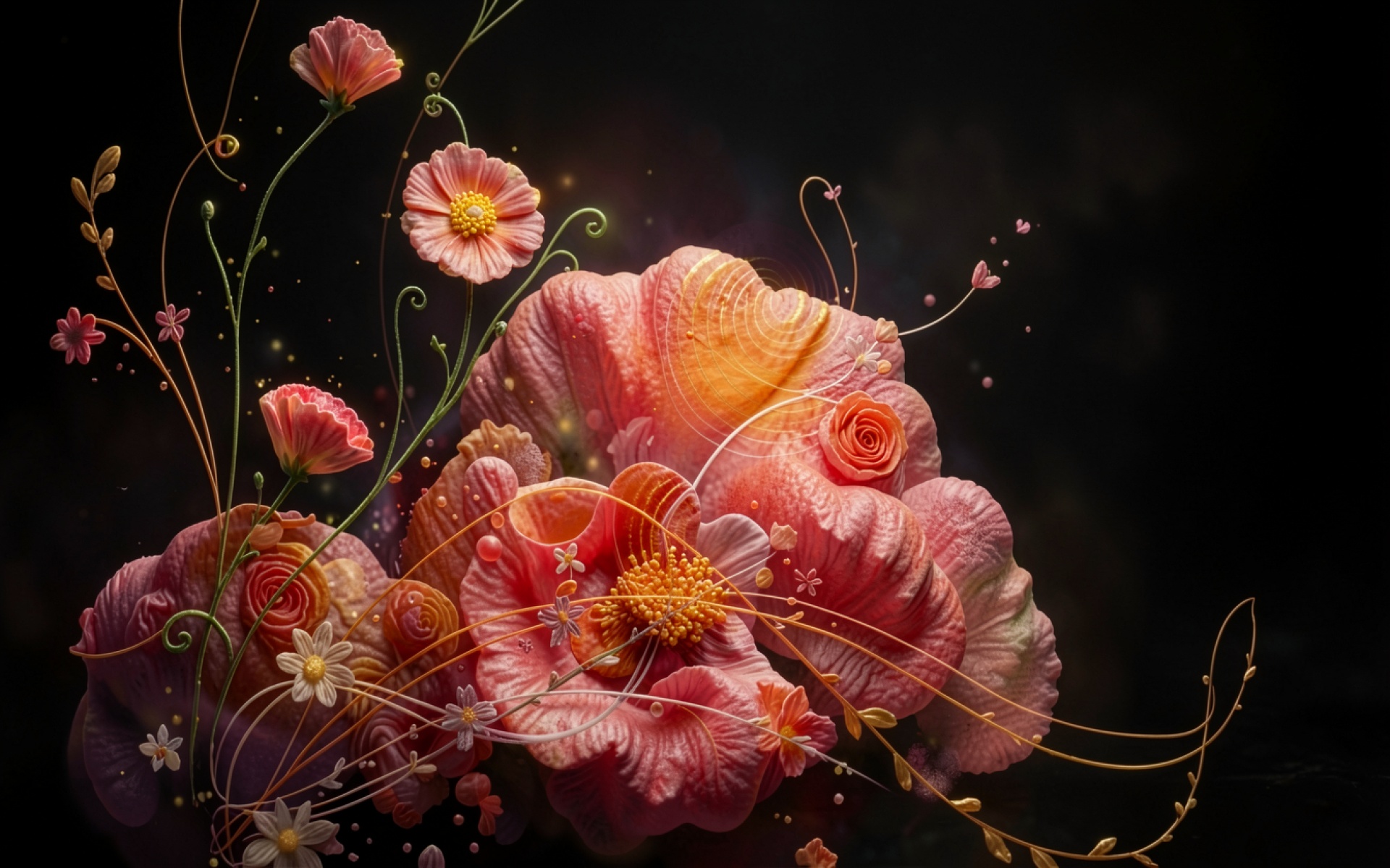 Розовые фантазийные цветы на темном фоне