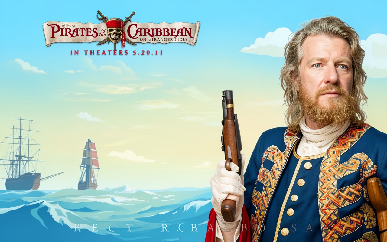 Капитан Гектор Барбосса в синем мундире на фоне моря