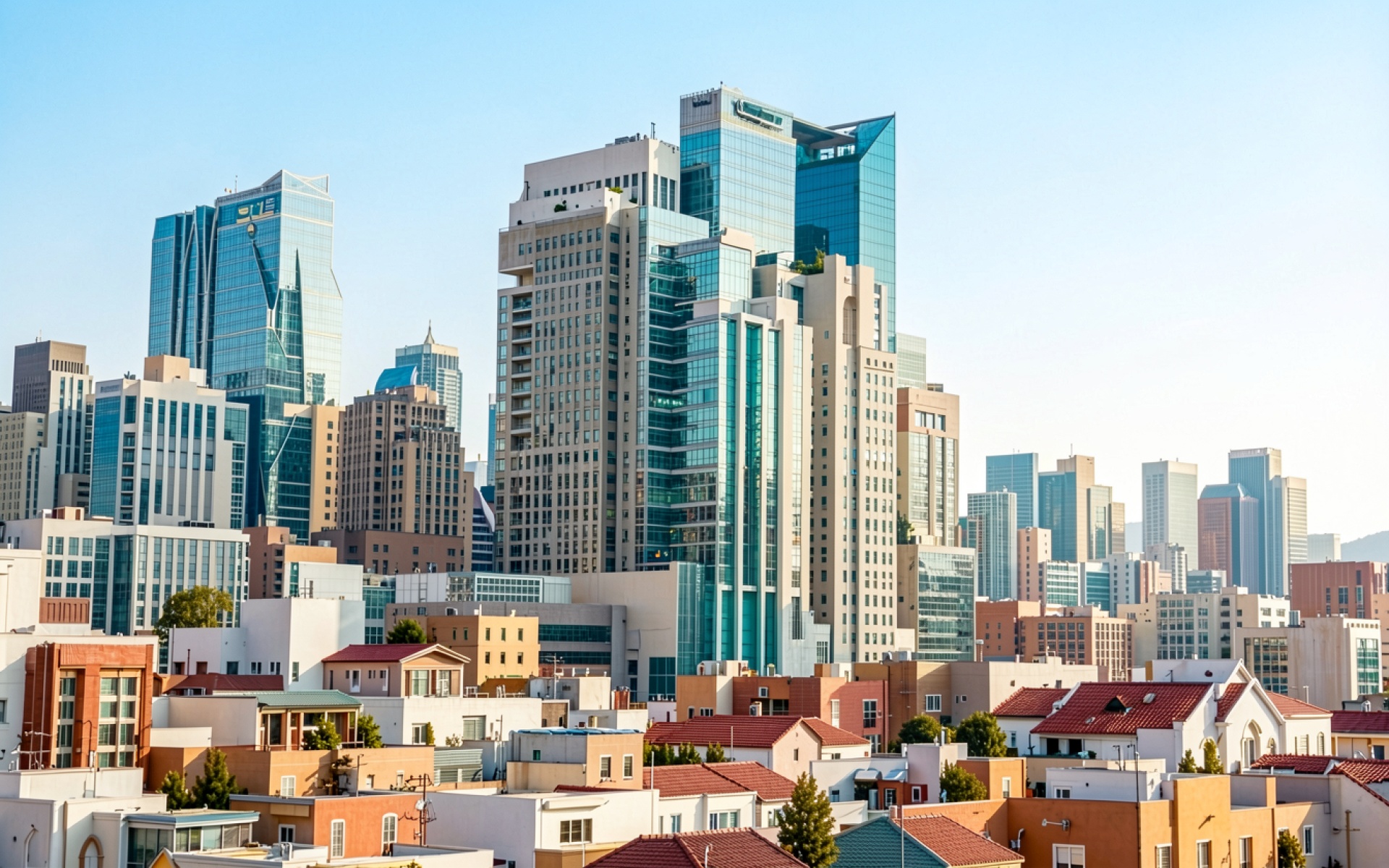 Панорама современного города с небоскребами в солнечный день