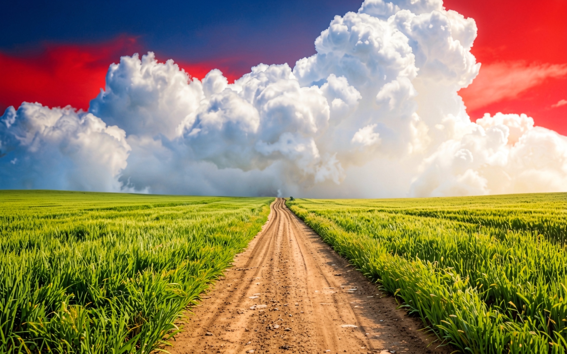Грунтовая дорога среди зеленых полей под облаками