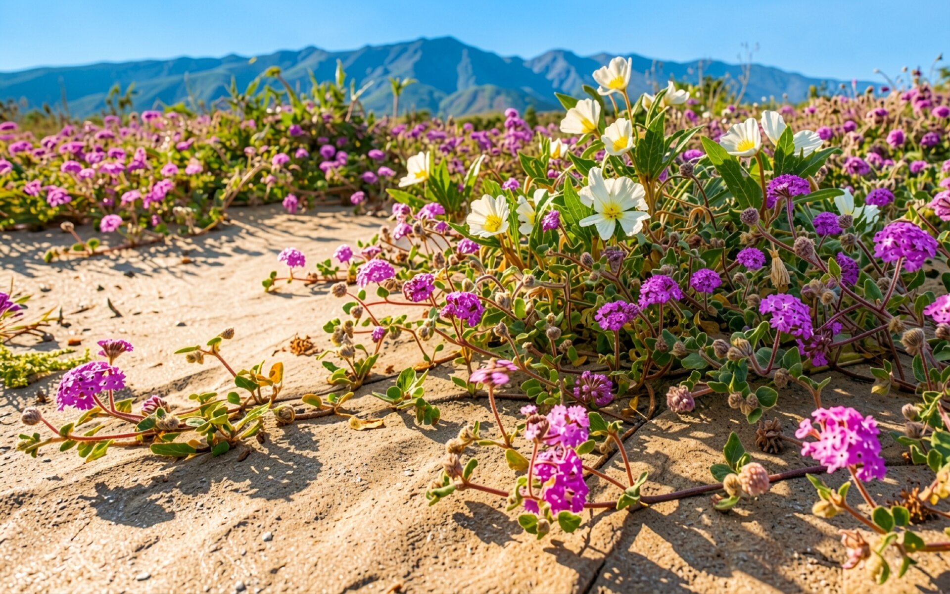 Поле розовых и белых цветов в горах